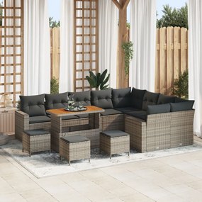 13 Részes Kert Kanapé Szett Párnákkal Szürke Poly Rattan Akác, 4 Részes Kert Étkező Szett Párnákkal Szürke Poly Rattan Akác