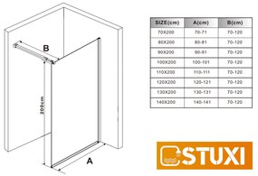 Stuxi Milano Walk-in zuhanyfal, 110x200 cm, 8 mm vastag vízlepergető biztonsági üveggel, 200 cm magas, króm profillal és távtartóval