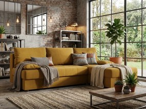 AKCIÓ Kihúzható, kétszemélyes, L-alakú kanapé VENORIA SLIM 200x143 cm, mustár + 2 párna INGYEN II. osztály
