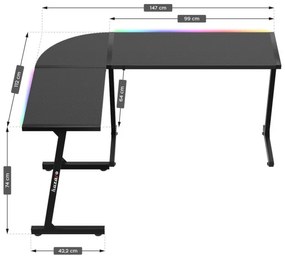 Sarok gamer asztal, íróasztal 147x112cm RGB SMART fekete.