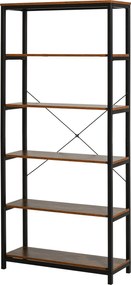 HOMCOM Ipari Stílusú Retro Könyvespolc 6 Nyitott Polccal Könyvekhez és Felborulás Elleni Rendszerrel, Tárolás a Nappaliban és Irodában 80x30x180 cm Ru