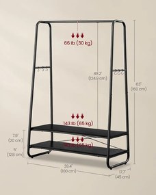 Ruhatartó állvány, ruhafogas 2 polccal és 6 darab S alakú akasztóval, fekete színben