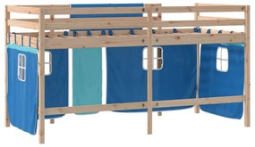 kék tömör fenyőfa gyerek galériaágy függönnyel 80 x 200 cm