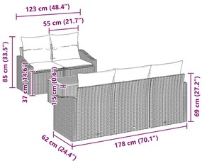 6 db-os kerti kanapé szett párnákkal, szürke poli rattan akáccal
