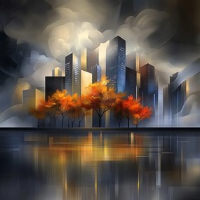 Vászonkép Canvas Város Felhőkarcolók Fák Ősz Víz Tükröződés 40x40