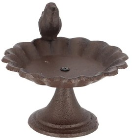 Öntöttvas madáretető és -itató, egy kismadárral