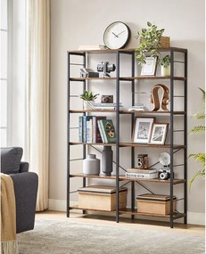 6 szintes könyvespolc, magas tárolópolc, 30 x 120 x 170 cm, barna és fekete