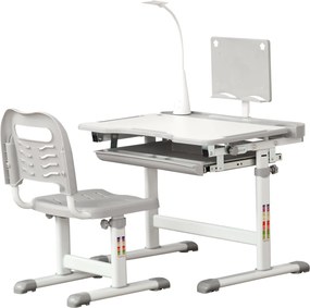 HOMCOM Gyermek Íróasztal és Szék Készlet 6 Éves Kortól, Magasságállítható Dőlt Asztali Lámpával, Fiókkal és Könyvespolccal, Szürke | Aosom