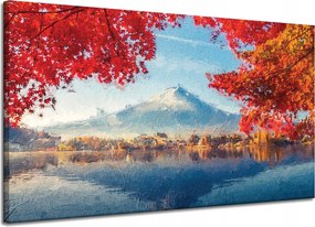 Vászonkép Színes levelek Város Hegy Víz 120x70 cm