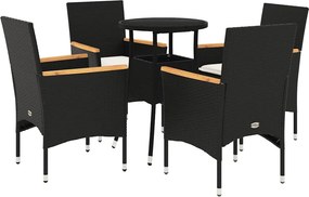 vidaXL 5 részes fekete polyrattan/üveg kerti étkezőgarnitúra párnákkal
