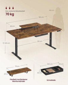 Magasságállítható íróasztal, 160 x 80 cm, vintage barna