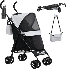 PawHut Kutya Babakocsi - Összecsukható Kutyáknak és Macskáknak, Háló Ablakokkal, Vállszíjjal, Tárolótáskával, Pohártartóval, Napernyővel - Világosszür
