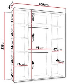 Ruhásszekrény tolóajtókkal Foktra 3 200 (kasmír + fekete) (tükörrel). 1105701