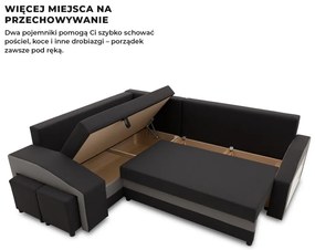 Grande sarokkanapé polcokkal és puffokkal , polc a jobb karfaban puffok a bal karfaban, baloldali, szövet anyag, hab töltet, fekete - szürke