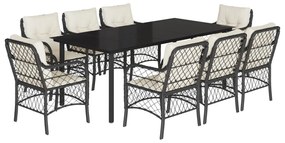 9 részes fekete polyrattan kerti étkezőgarnitúra párnákkal