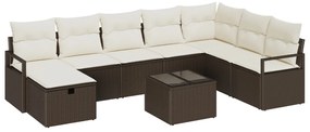 9 Részes Kerti Sofa Készlet Párnákkal Barna Polirattan, 2-Fős Kerti Sofa Párnákkal Barna Polirattan