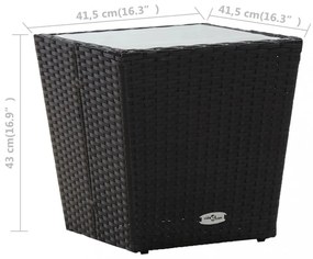 fekete polyrattan és edzett üveg teázóasztal 41,5x41,5x43 cm