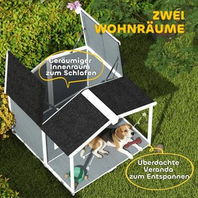 PawHut Kutyaház időjárásálló, emelt fa, aszfalt tetővel és terasszal, közepes testű kutyáknak, szürke