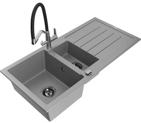 Mexen Andres gránit mosogató 1,5 medencés csepegtetővel és Duo konyhai csappal, szürke - 6515-71-671701-07-B