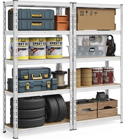 Nagy Teherbírású Tároló Polcok, 2 db-os, Garázs Polcrendszer, 40 x 90 x 180 cm, Ezüst