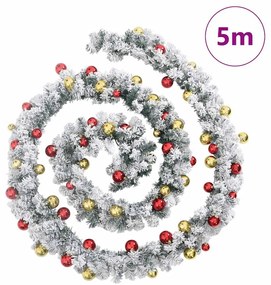 zöld PVC karácsonyi füzér gömbökkel és LED-ekkel 5 m