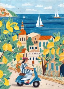 Illusztráció Travel poster woman on the Amalfi coast, Lorenzo A Roe