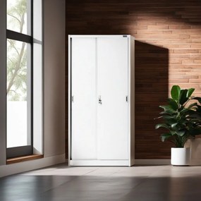 Fém iratszekrény polcokkal tolóajtókkal KUBA, 900 x 1850 x 400 mm, fehér