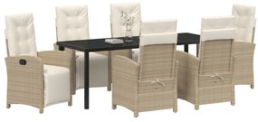 7 db-os Kerti Étkezőszett Párnákkal Bézs Poli Rattan, Kerti Asztal Fekete 200x80x73 cm Edzett Üveg
