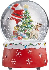 X-MAS zenélő hógömb, Mikulás rénszarvassal és karácsonyfával, Ø10cm