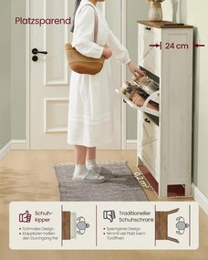 VASAGLE Keskeny Cipősszekrény 3 Lenyíló Ajtóval, LIRY Kollekció, Antik Fehér