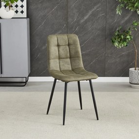 Scaun de sufragerie, stofa vintage gri-verde, picioare metalice negre