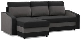 Hewlet sarokkanapé, 2 ágyneműtartóval, szövet anyag, univerzális oldal, hab töltet, fekete - szürke