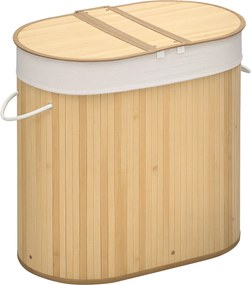 HOMCOM Bambusz Tárolókosár Fedéllel – 100L Ruhagyűjtő Fogantyúkkal, 2 Kivehető Ruhazsákkal, Rendszerező Kosár a Mosókonyhába, Fürdőszobába, Hálószobáb