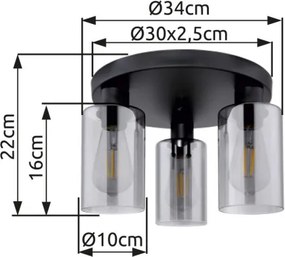 Globo 15465-3D Mennyezeti lámpa matt fekete fém váz, füstszínű üvegekkel. Ø:340, H:220, fényforrás nélkül 3xE27 60W 230V