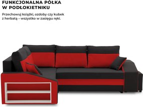 Grande sarokkanapé polcokkal és puffokkal , polc a bal karfaban puffok a jobb karfaban, baloldali, szövet anyag, hab töltet, fekete - piros