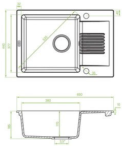 Laveo Celia, 1 kamrás gránit mosogató 650x440x185 mm rövid lefolyóval, fekete, LAV-SBC_713T