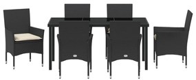 7 Darabos Kerti Étkezőszett Párnákkal Fekete Polirattan, Kerti Asztal Fekete 160x80x73 cm Edzett Üveg