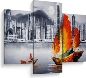 Festmény - Victoria Harbour, Hong Kong, fekete-fehér olajfestmény (90x60 cm)