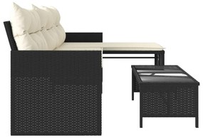 L-alakú fekete polyrattan kerti kanapé asztallal és párnával