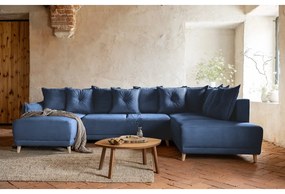 Sötétkék kordbársony kinyitható sarokkanapé (jobb oldali-U alakú) Lazy Lukka – Miuform