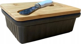 Moderno fekete kerámia vajtartó bambusz fedéllel és késsel