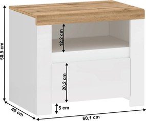 Éjjeliszekrény 1S, fényes fehér/wotan tölgy, VILGO