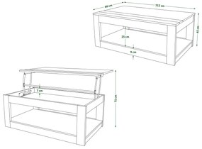 Mazzoni LUSSO Fehér Matt/Fekete Matt - MODERN DOHÁNYZÓASZTAL MEGEMELHETŐ ASZTALLAPPAL + TÁROLÓRÉSSZEL + POLCCAL (GÖRGŐS!)