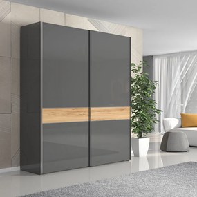 Tolóajtós magasfényű gardróbszekrény, 182x221 cm, antracit-tölgy - BISE