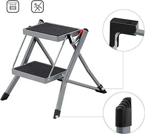 Fellépő létra, összecsukható, 2 fokos, csúszásmentes, 150 kg-ig, szürke, fekete