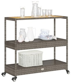 3 szintes szürke polyrattan és tömör akácfa zsúrkocsi