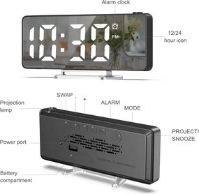 Projektoros digitális ébresztőóra DZ-673 nagy 7,9" LED kijelzővel