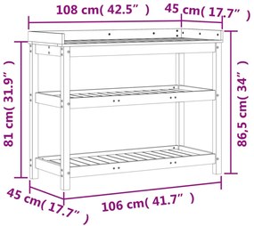 impregnált fenyőfa ültetőasztal polcokkal 108 x 45 x 86,5 cm
