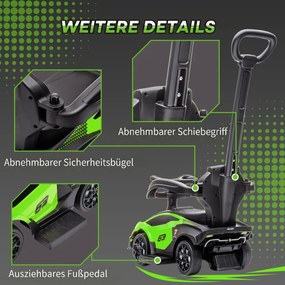 AIYAPLAY Ride-on autó tolókarral, 2 az 1-ben Ride-on jármű kormánykerékkel, kürttel, lábtartóval, üléstárolóval, zöld