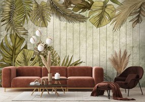 Gario Fotótapéta Trópusi levelek fa táblákkal a háttérben Anyag: Vlies, Méret: 300 x 210 cm
